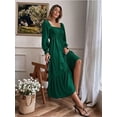 thumbnail image 3 of Women's Shirred Long Sleeve Boho Dress A Line Ruffle Swing Midi Dress, Green, Small, 3 of 5