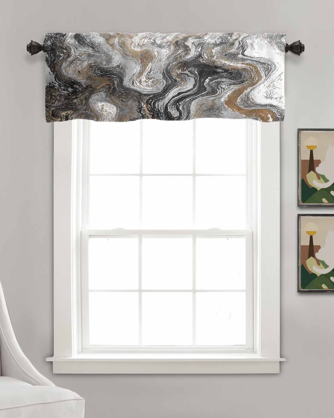 Black Marble Kitchen Valances for Windows Farmhouse Linen Window Valance Curtain for Living Room Window Treatment Retro Chic Abstract Mottled Texture Art Valance Rod Pocket Topper Drape, 42 x 18 Inch