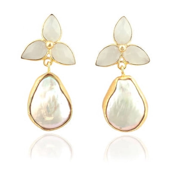 Gray Chalcedony & Pearl Gemstone Gold-plated Back-push Drop Earring For Women's Gift