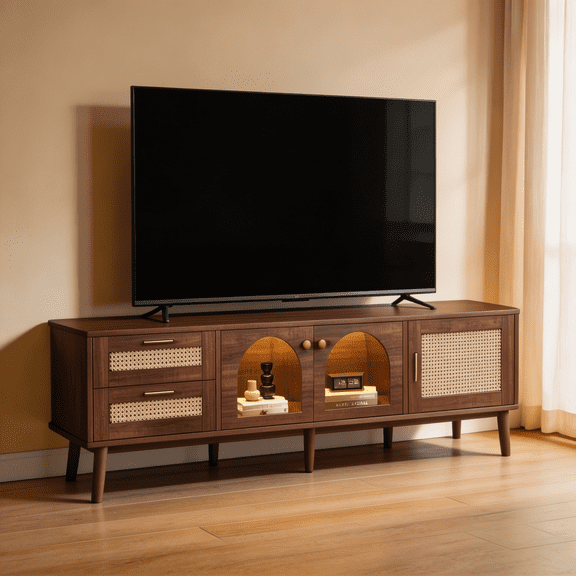 SAYGOGO Rattan TV Stand for 80" TVs, 3 Cabinets, 2 Drawers, LED Lights | Media Console for Living Room, Bedroom
