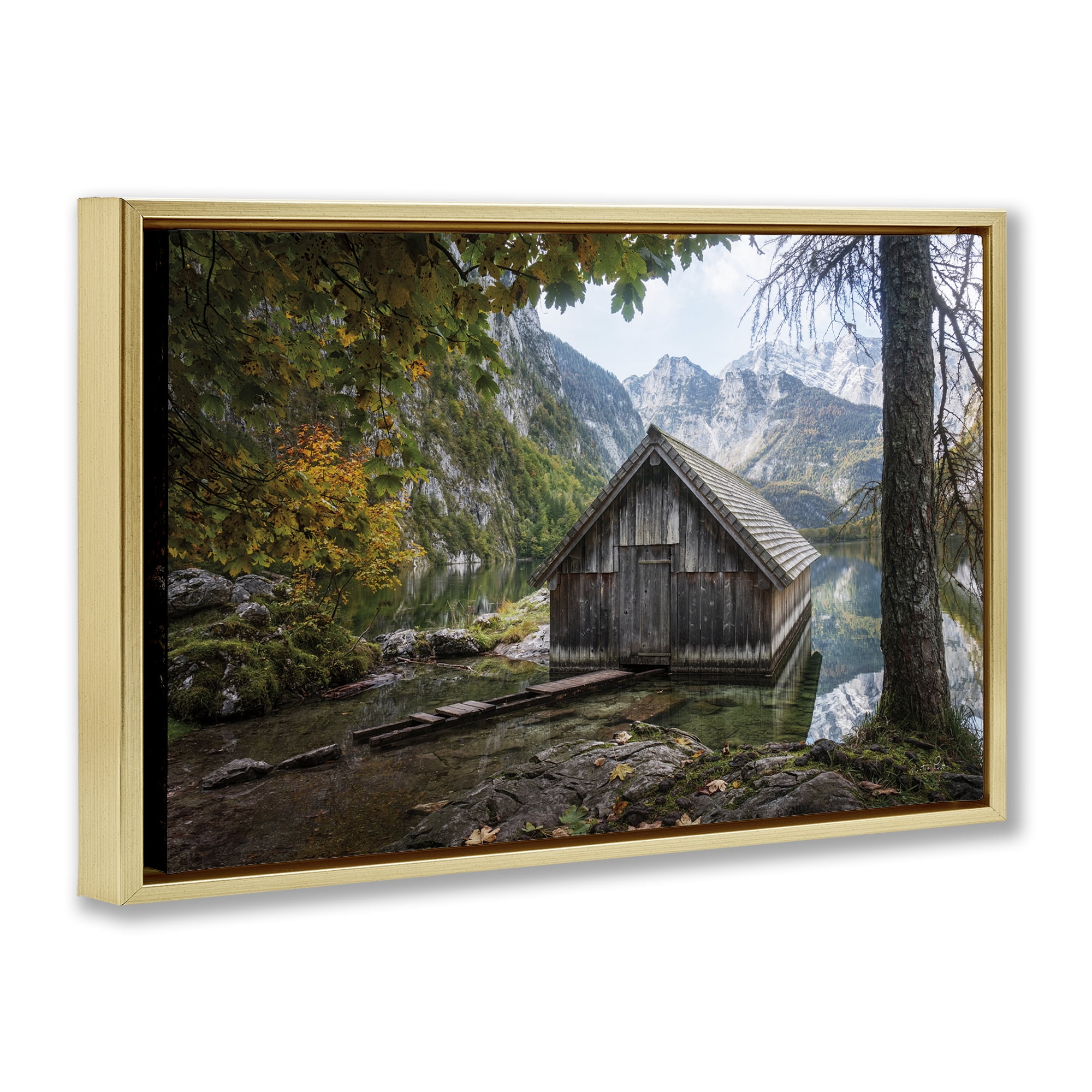 Stupell Industries Mystical Cabin on Lake Landscape & Nature Photography Gold Floater Framed Canvas Art Print Wall Art, 25 x 17