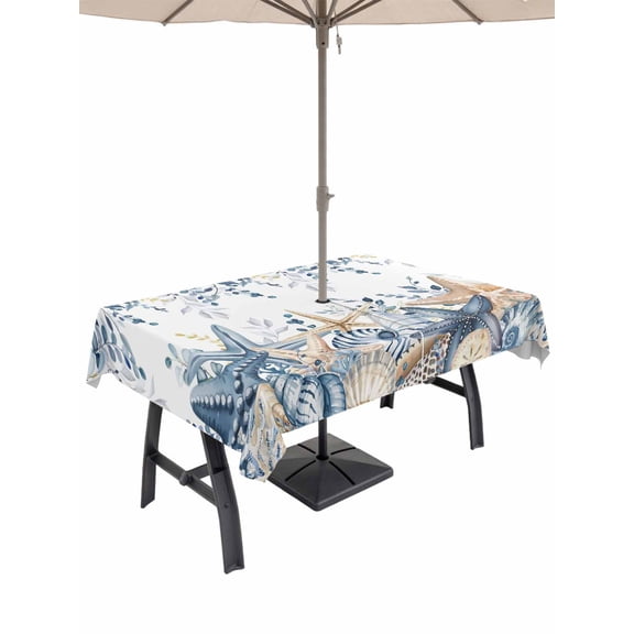 Outdoor Tablecloth with Umbrella Hole and Zipper, Blue Eucalyptus Coastal Rectangle Table Cloth 52x70 Inch Waterproof Tablecloth, Beach Starfish Shell Nautical Picnic Table Cover for Patio Camping