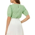 thumbnail image 3 of MODA NOVA Junior's Puff Shoulder Collarless Ruffle Keyhole Back Short Sleeve Blouse Green S, 3 of 5