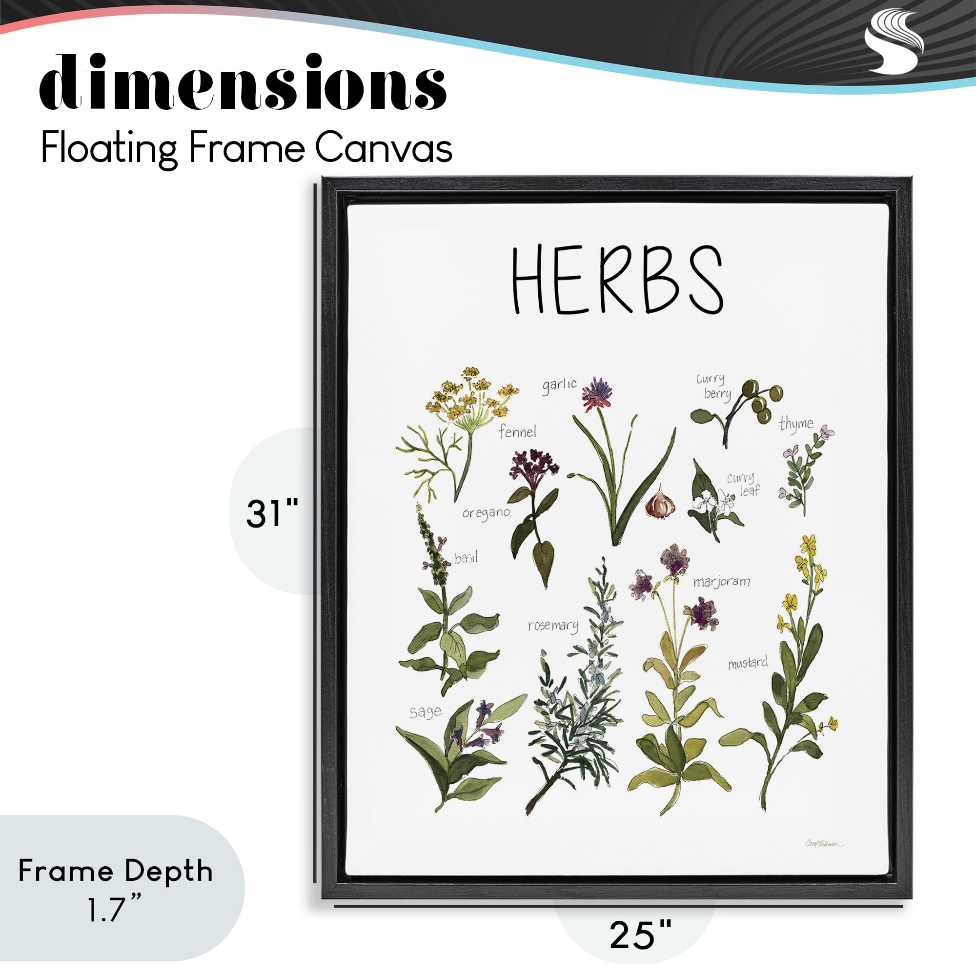 Stupell Industries Herbs Identification Chart Black Framed Floater Canvas Wall Art, design by Carol Robinson