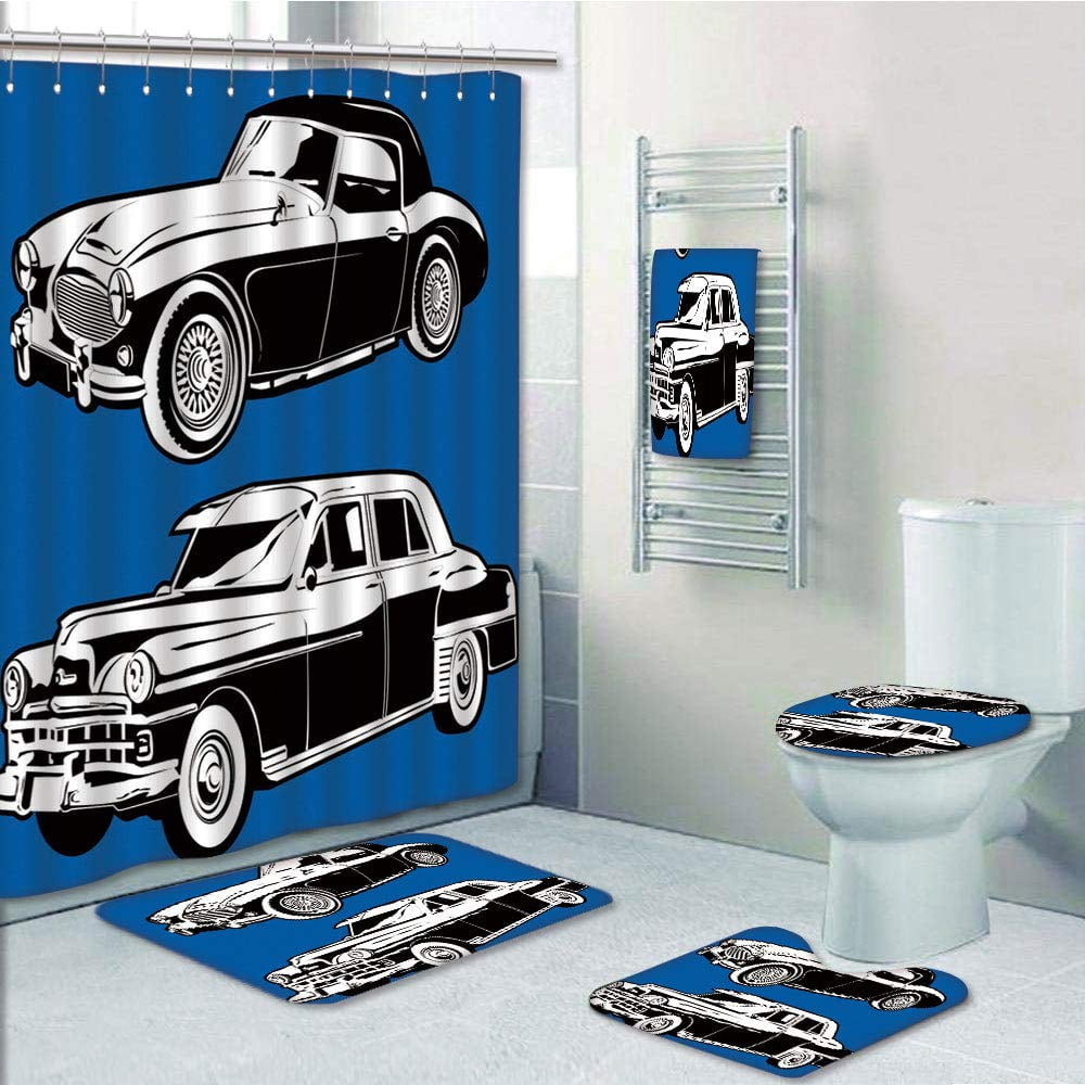 Erehome Cars Vintage Cars On Navy Backdrop Classic Old Vehicles 5 Piece Bathroom Set Shower Curtain Bath Towel Bath Rug Contour Mat And Toilet Lid Cover Walmart Canada