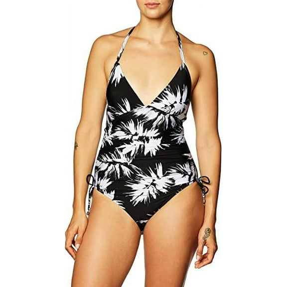DKNY BLACK WHITE Leaf Print Halterneck One-Piece Swimsuit, US 4