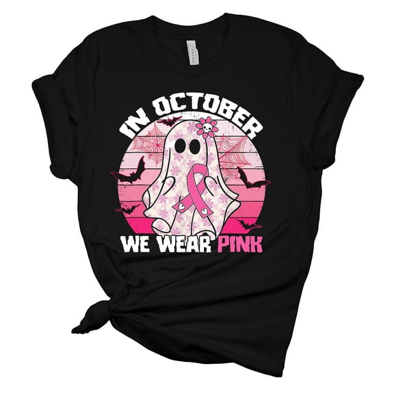 Womens Halloween Themed Breast Cancer Awareness Tee In October We Wear Pink Ghost Short Sleeve T-shirt-Black-xl