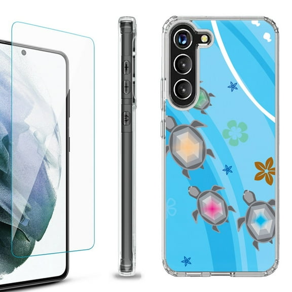 OneToughShield ® for Samsung Galaxy S23  S23 Plus 5G Shockproof Bumper Phone Case, with Tempered Glass Screen Protector - Happy Turtle