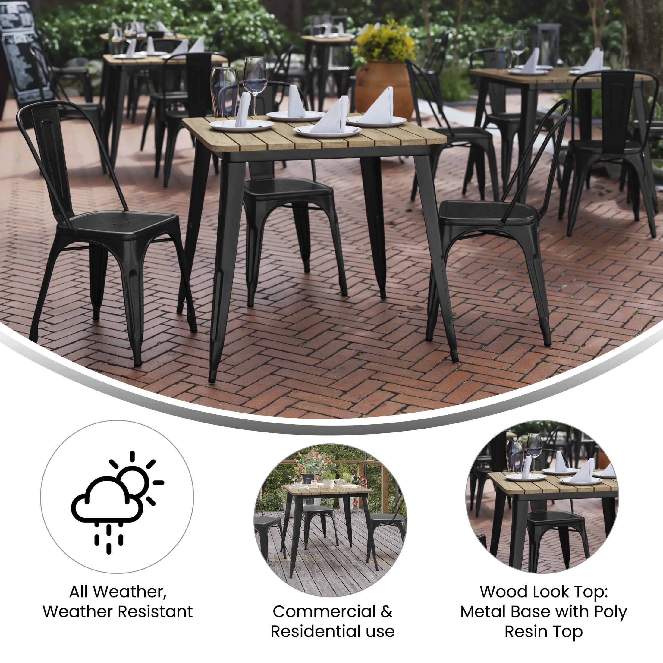 Flash Furniture Declan Commercial Grade Indoor/Outdoor Dining Table, 31.5" Square All Weather Brown Poly Resin Top with Black Steel Base