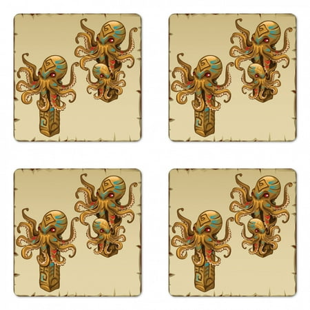 

Octopus Coaster Set of 4 Cartoon Art Tribal Monster Kraken Ornament Illustrations Sea Creature Print Square Hardboard Gloss Coasters Standard Size Brown by Ambesonne
