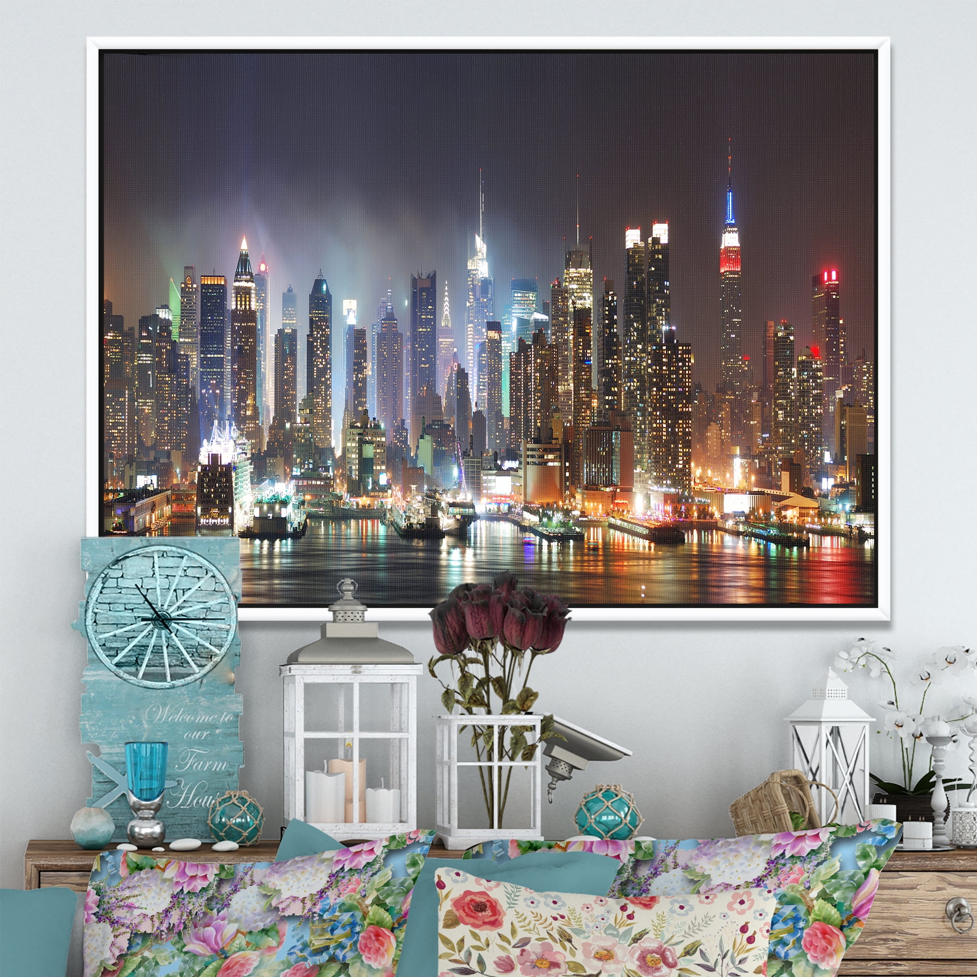Designart ' Lit NYC Manhattan Skyline ' Cityscape Photo Framed Canvas Print