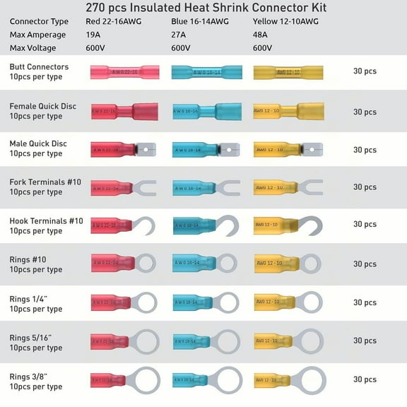 270pcs Heat Shrink Wire Connectors Marine Automotive Waterproof Terminals Set