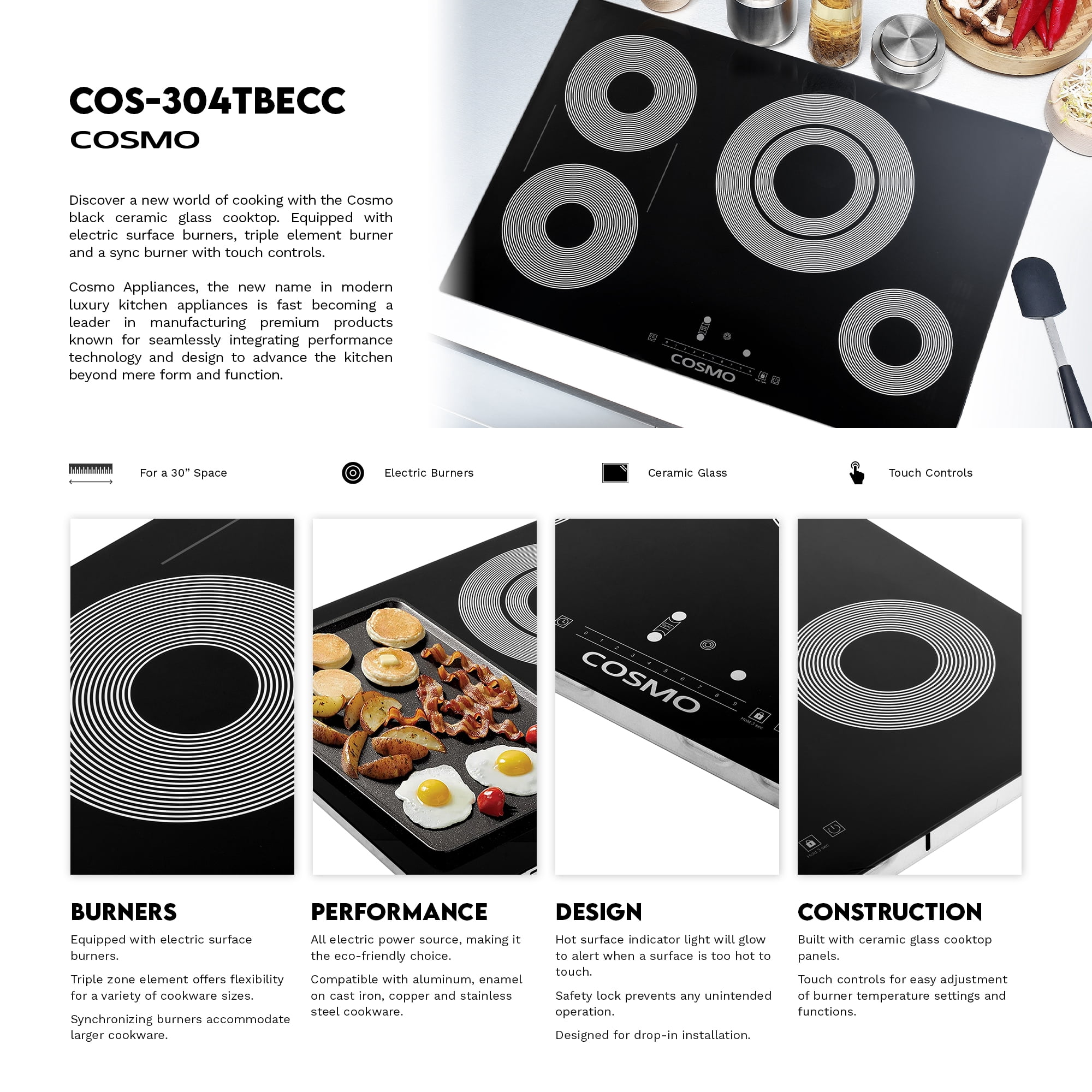 30 in. Electric Ceramic Glass Cooktop with 4 Burners in Black Porcelain