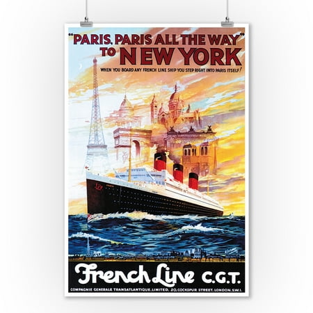 French Line - Paris to New York - Vintage Advertisement (9x12 Art Print, Wall Decor Travel
