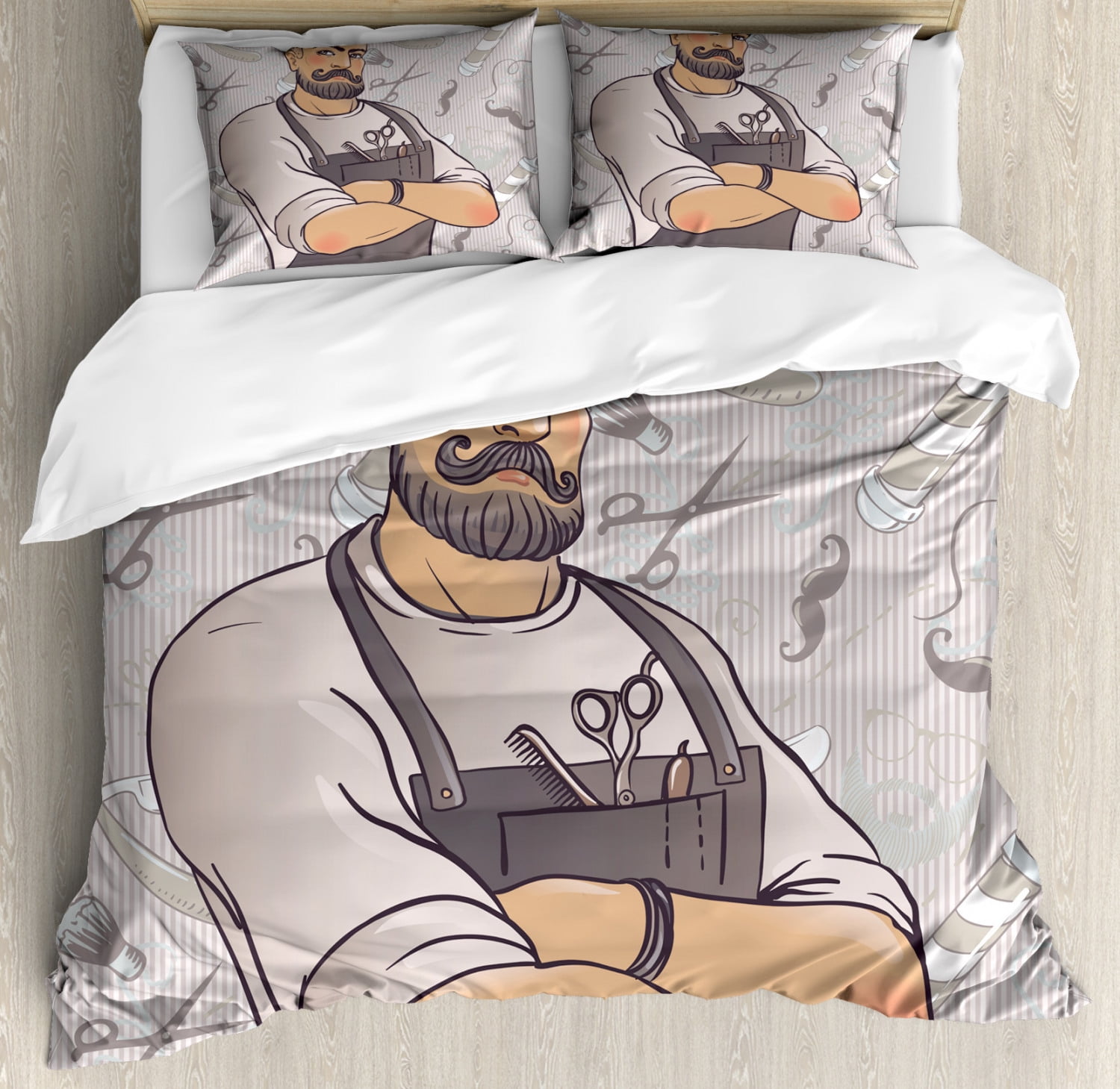 Hipster King Size Duvet Cover Set Muscular Barber Man With