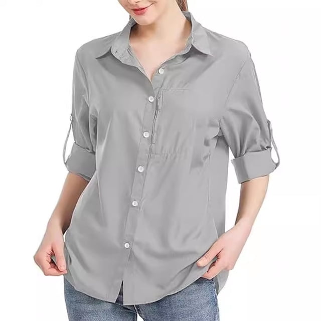 RXIRUCGD Blouse Chemise Décontractée pour Femme à Manches Longues, Col Rabattu, Couleur Unie, Hauts, Cardigan à Simple Boutonnage, Blouse avec Poches, Gris, Taille : 3TG