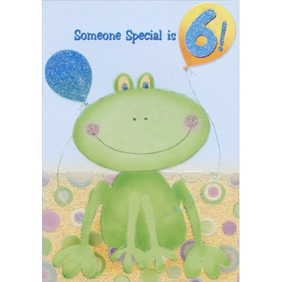 Designer Greetings Frog with Two Balloons Age 6 / 6th Birthday Card