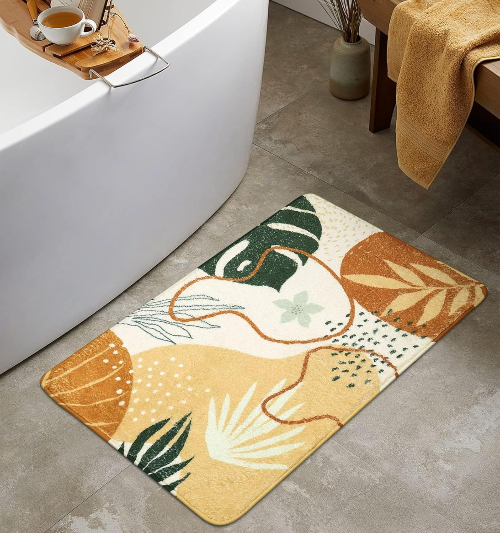 Bathroom Runner Rug Modern Abstract Long Bath Mat Non-Slip Cute Green Plant Bath Rug Soft Velvet Machine Washable Floor Mats for Bathroom Tub Shower