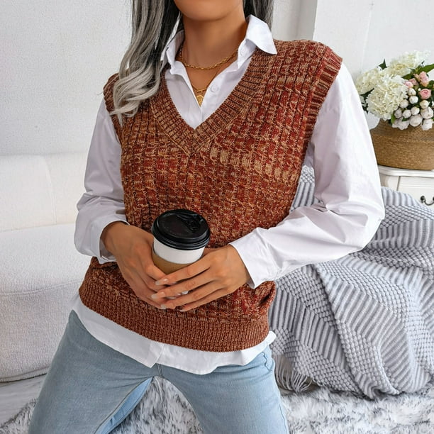 Chaleco de Sueter Para Mujer Camiseta Sin Mangas Con Cuello en V Sueter de Punto Multicolor Moda Informal Chaqueta Sin Mangas Abrigo Tops Odeerbi ODB152904 Walmart en linea
