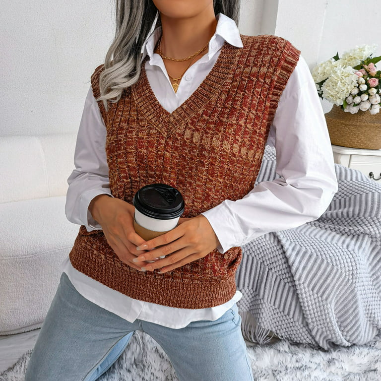 Women's V Neck Oversized Sweater Vest Sleeveless Casual Loose Fitted Comfy  Cable Knit Pullover Jumper Top Ladies Clothes