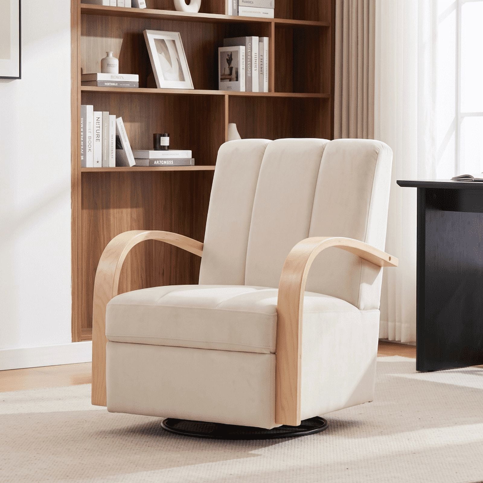 Gewnee Accent Chair, 360°Swivel Upholstered Reading Chair,Modern Armchair for Living Room, Bedroom & Home Office, Beige(Velvet)