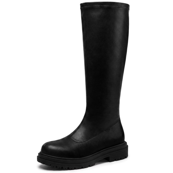 BLISSFUL STEP Knee High Boots Platform Chunky Low Heel Round Toe Back Zipper Comfortable Tall Boots Black 5.5