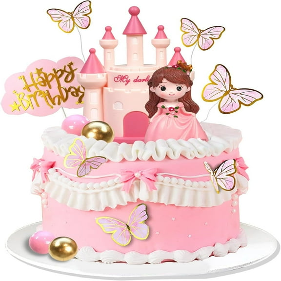 19 pcs Princess Cake Topper Castle Cake Decoration with Butterflies and Balls for Girl Kid Happy Birthday Party Decorations Princess Baby Shower Supplies Pink
