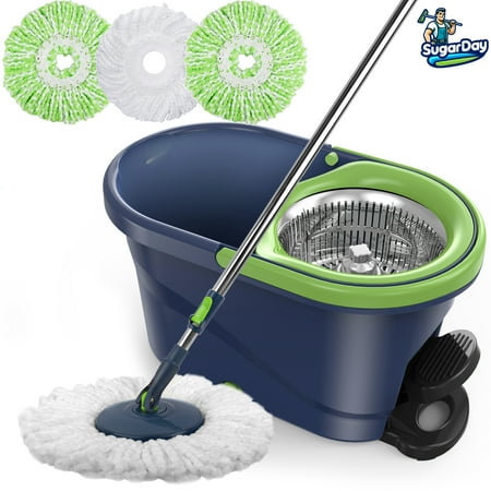 sugarday spin mop and bucket with wringer set for floors cleaning heavy duty system, green