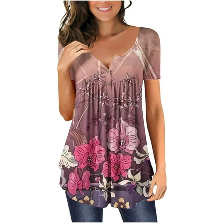 

Clearance Summer Blousees for Women 2023 Women Fashion V- Neck Floral Printed Tunic Tops Buttons 1/4 Short Sleeve Comfy Stretchy T-shirt Corset Tops for Women 3- Pink