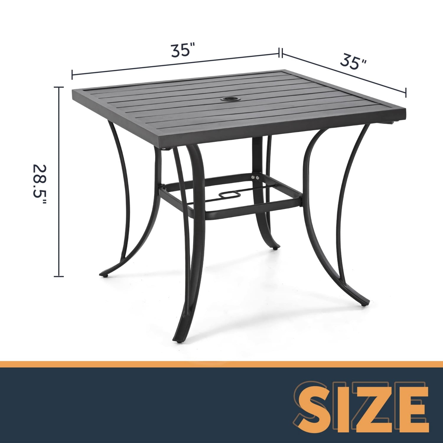 Patio Dining Table for 4, Square Outdoor Metal Table with 2" Umbrella Hole, Steel Slat Backyard Furniture for Garden Porch Poolside Black（35" x 35" x 28.5"）