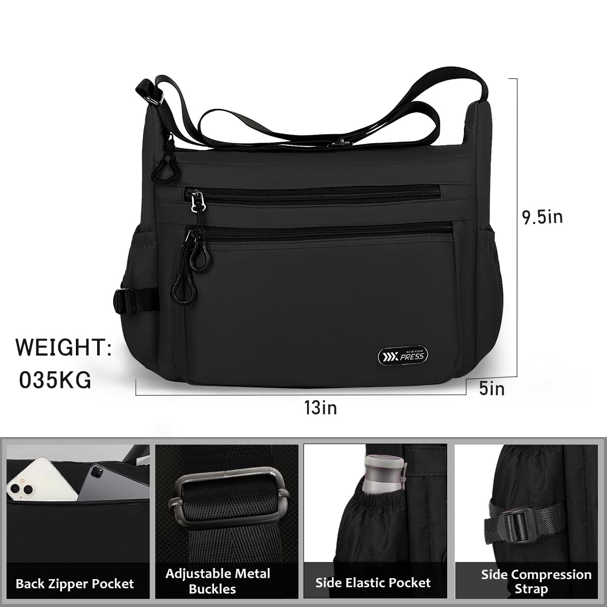 Crossbody Bag for Women Men Multi-Pocket Shoulder Purse Waterproof Lightweight Casual Travel Satchel Handbag,Black,319