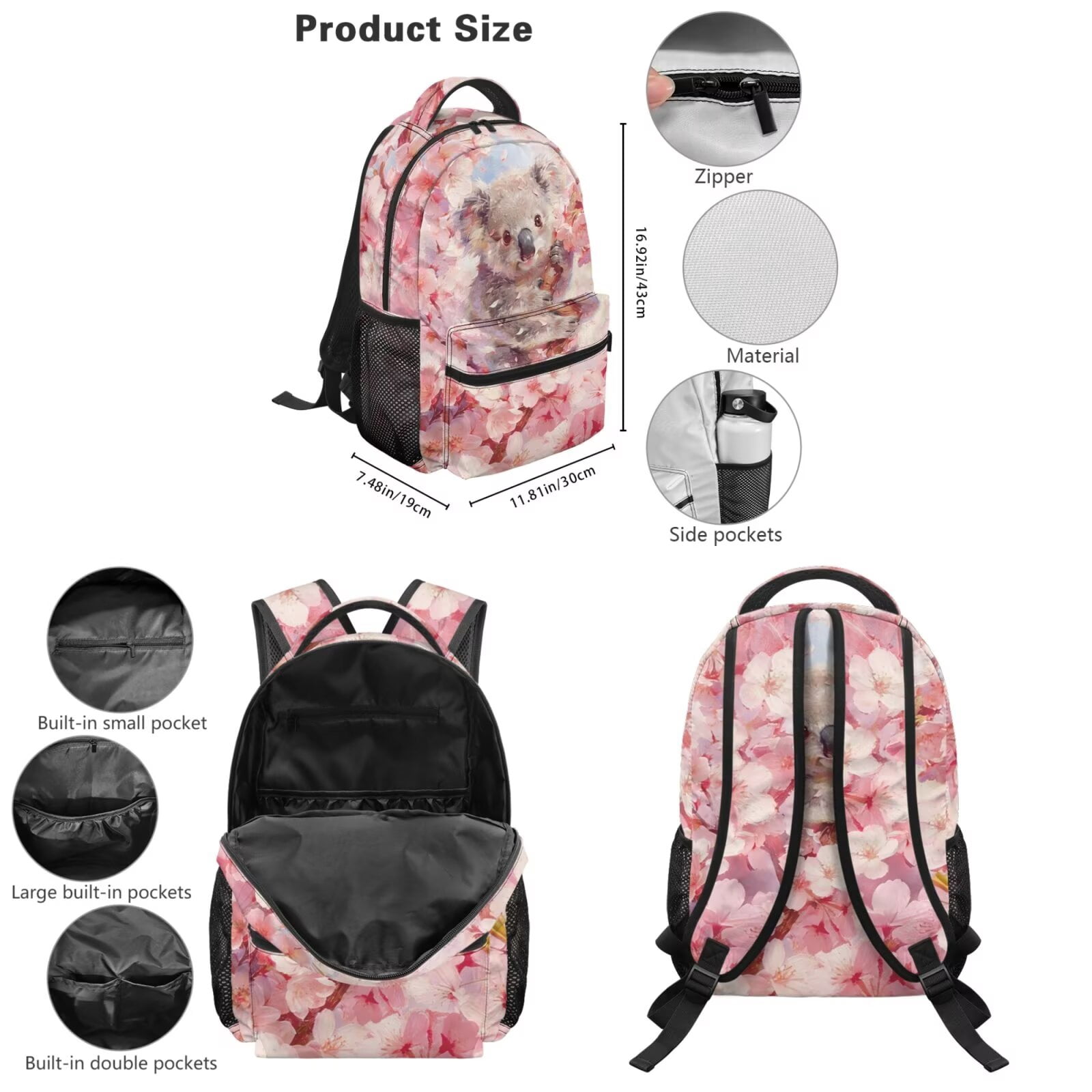 Pzuqiu Cherry Blossom Koala Kids Backpack School Bag Set with Lunch Box Pencil Case Water Bottle Bag 5 Piece Bookbags with Adjustable Shoulder Strap for Girls Teens