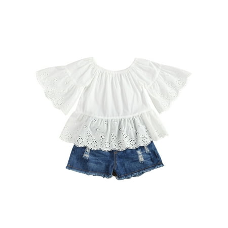 

Bebiullo Girl Solid Color Ruffles Sleeve T-shirt and Denim Short Pants Set