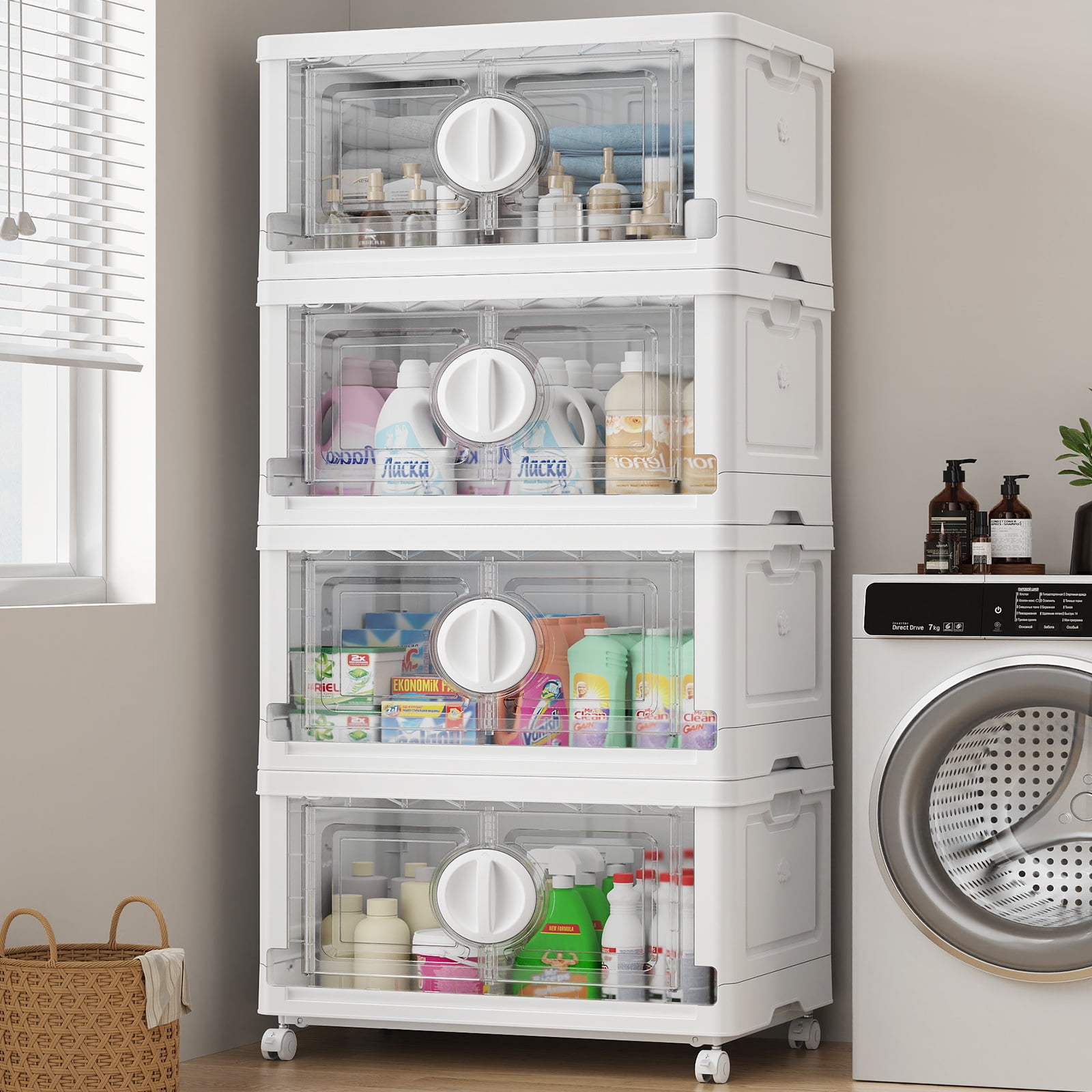 BROVIEW V9 120Gal Stackable Storage Bins, Plastic Collapsible Storage Bins with Lids and Wheels, Clothes Organizers and Storage Drawer, Folding Cabinets with Doors for Home, 4PCS White