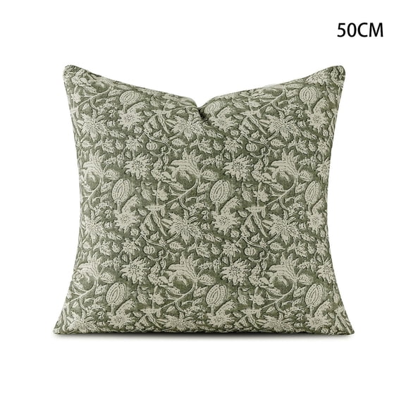 Floral Block Print Pillow Cover 20x20, Deep Sage Green Neutral Linen Cotton Blend, Vintage Decorative Throw Pillow Case for Couch Sofa Bed Living Room and Chair