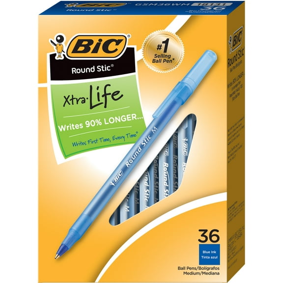 BIC® Round Stic® Xtra Life Ballpoint Pens, Medium Point, 1.0 mm, Translucent Barrel, Blue Ink, Pack Of 36 Pens