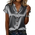 thumbnail image 2 of Hfnxid Women Satin Short Sleeve Shirts Summer Dressy Business Blouses Button Down V Neck Tshirt Solid Color Office Blouses Gray XXL, 2 of 6