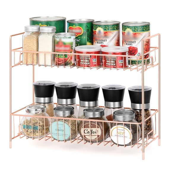 2 - Tier Rose Gold Spice Rack, Countertop Organizer for Kitchen, Bathroom, Vanity - Metal Wire Storage Shelf
