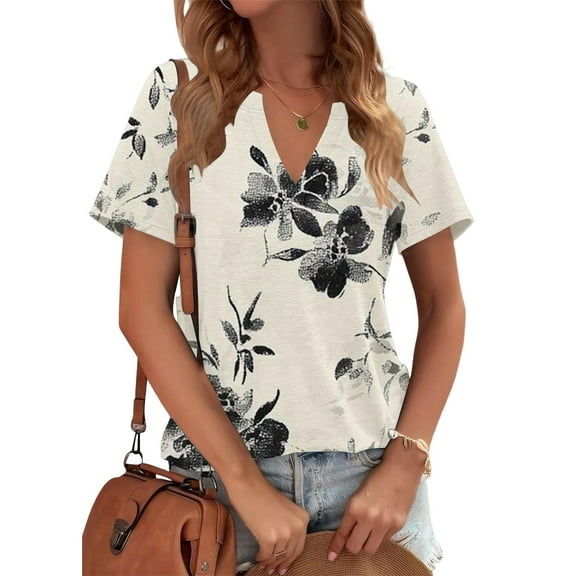 Beige Women's Short Sleeve T-shirt, Womens Tops Summer Short Sleeve V Neck Blouses Business Casual Loose Fit Tshirts Trendy Fashion Outfits,Women's Short sleeve T-shirt XXL