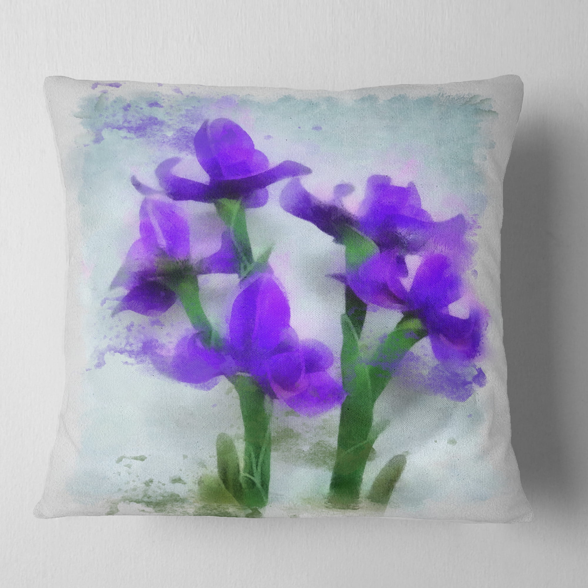 Designart Blue Irises Illustration Watercolor - Floral Throw Pillow - 16x16