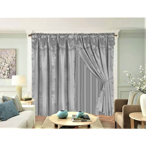 Complete curtain set 8 pieces total wide 120" W X 84" L top rod pocket light filtering 100% privacy panels shiny finish for large window room décor Nada Silver color