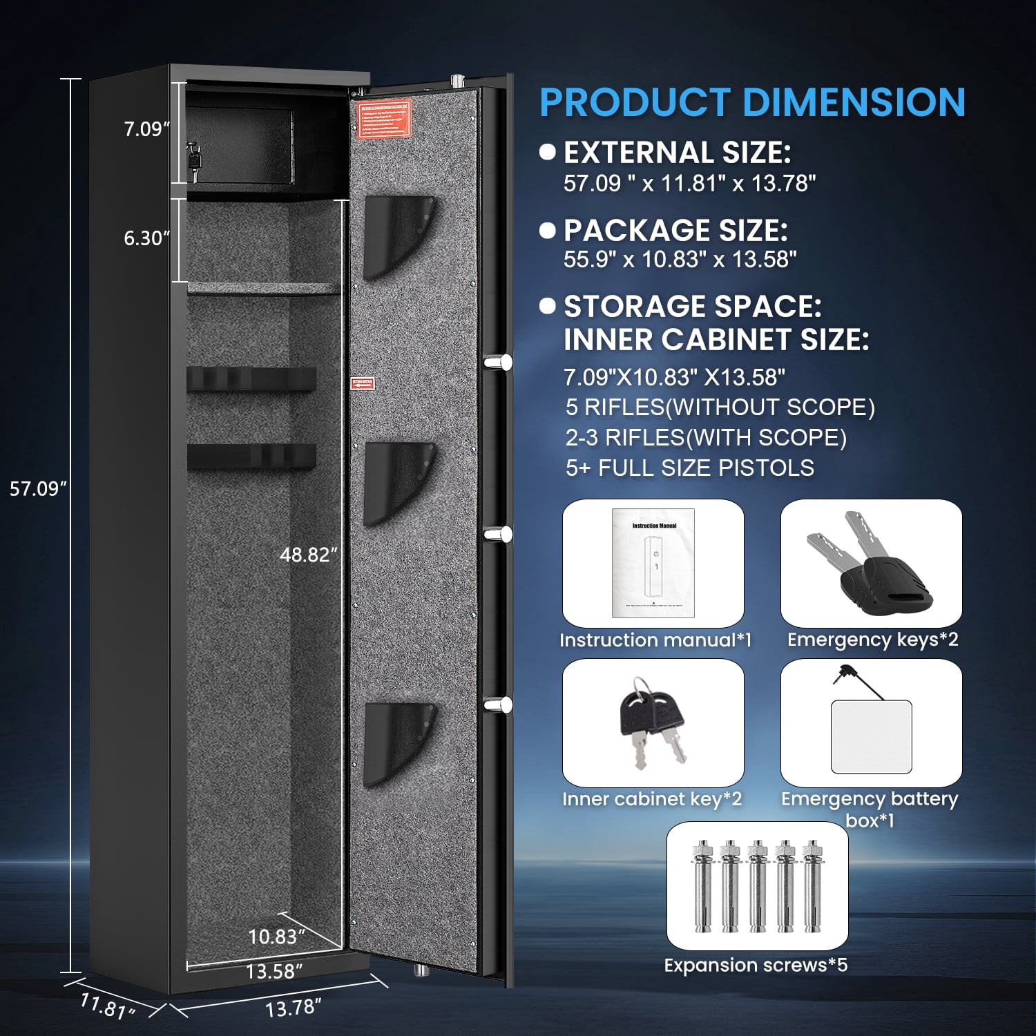 57" Digital Keypad Gun Safe, Quick Access for 5 Guns, Black, with Mute Function