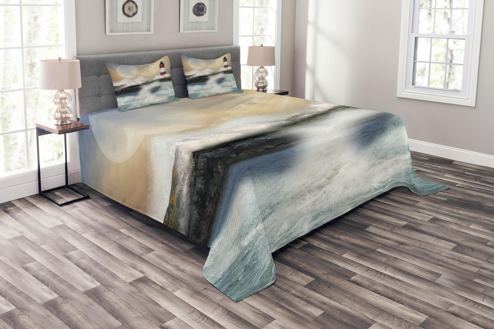 Lighthouse Bedspread Set Queen Size, Oil Painting Style Artwork of