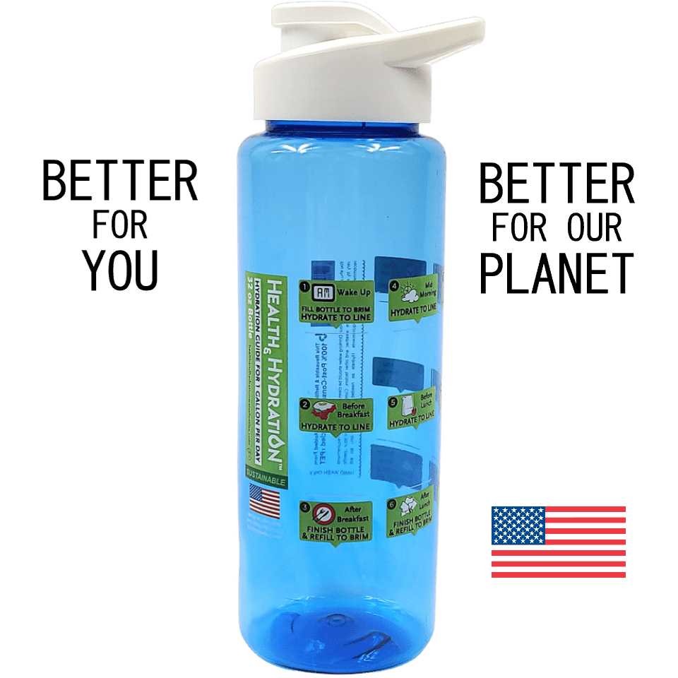 Health & Hydration Sustainable 32oz Water Bottle with Daily Hydration Guide (1 gal/day), Made in
