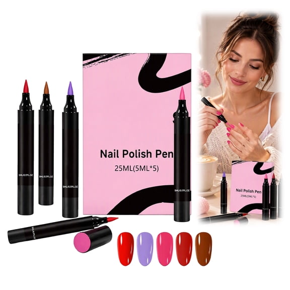 5 Colors 3-in-1 Nail Polish Pens Set, No UV Light Required Quick Dry Gel Nail Pen, Portable Odorless Vegan DIY Manicure Kit for Home Salon Nail Art
