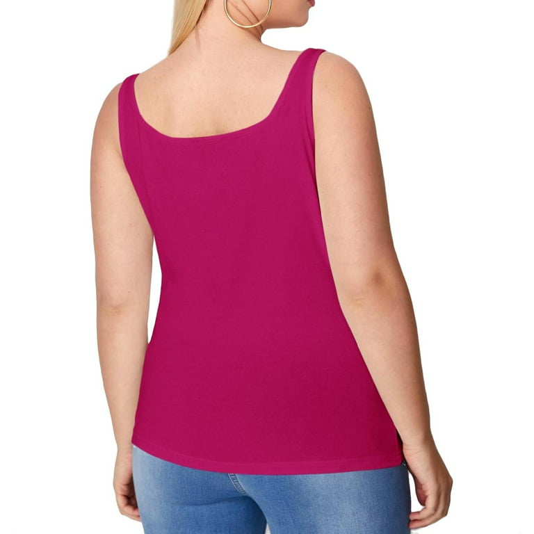 Casual Solid Scoop Neck Tank Hot Pink Plus Size Tank Tops & Camis