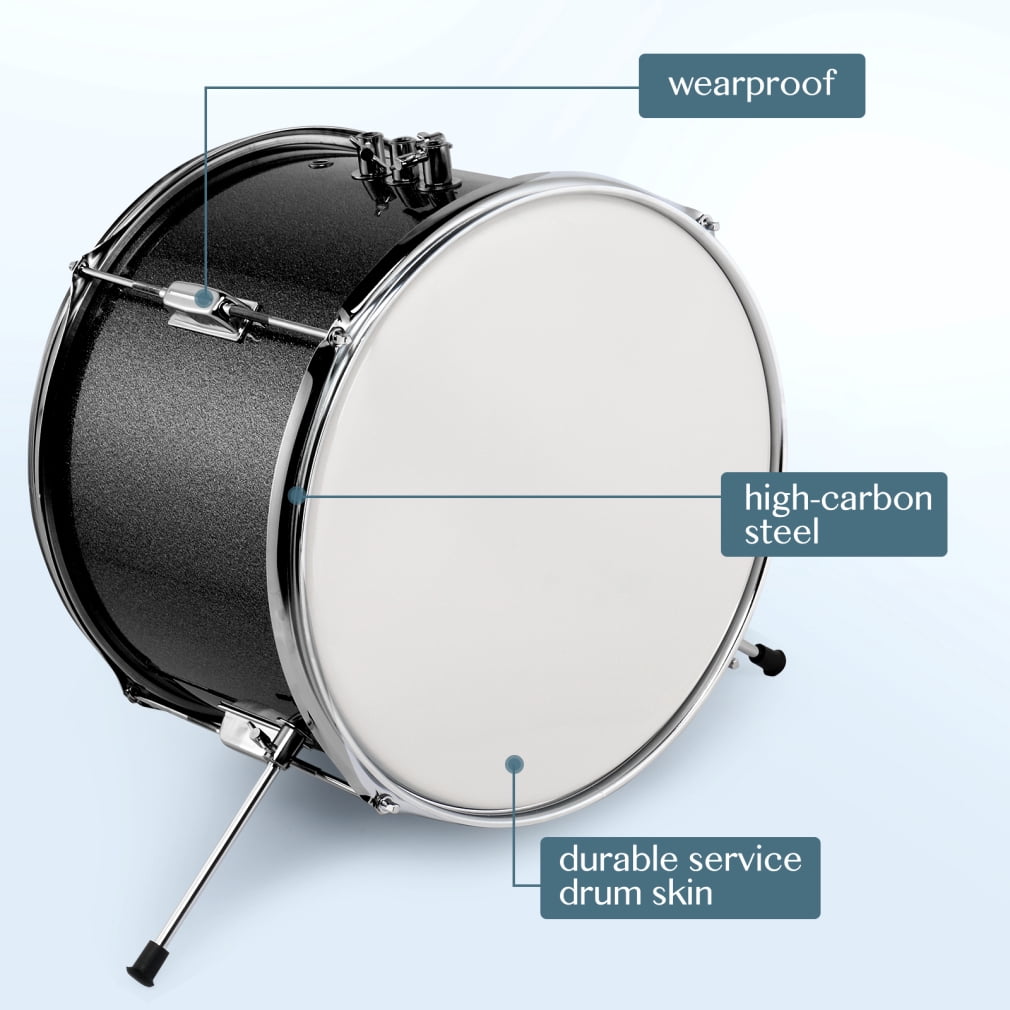 Kids Drum Set, 3-Pieces Junior Beginner Drum Kit with Adjustable Throne Stool, Bass Drum Pedal and 2 Drumsticks, 14 Inch Drum Musical Instruments with Cymbal, Tom and Snare Drum, Black