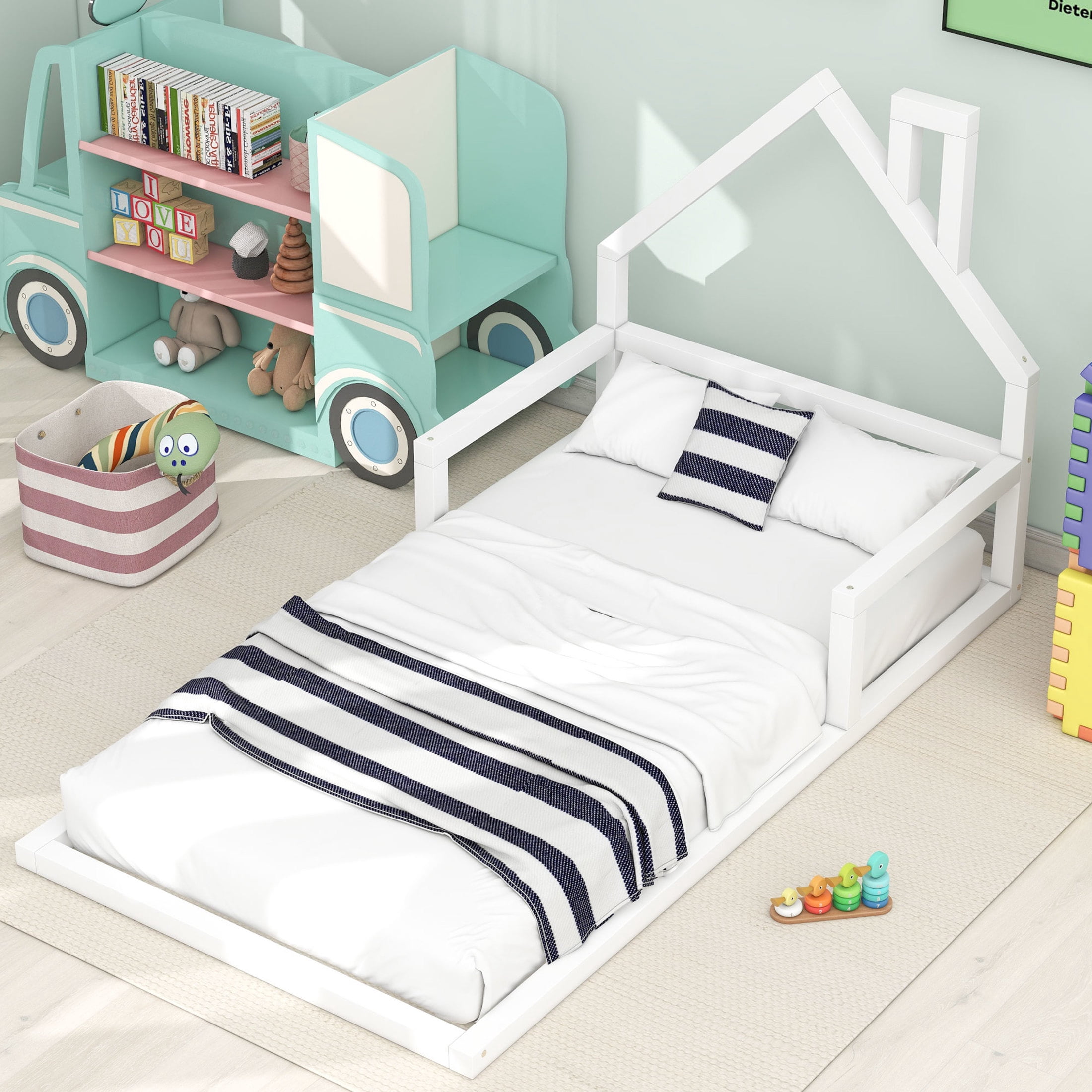 Noble House Twin Wood Floor Bed, Montessori House-Shaped Headboard with Chimney Detail, Safety for Kids, White