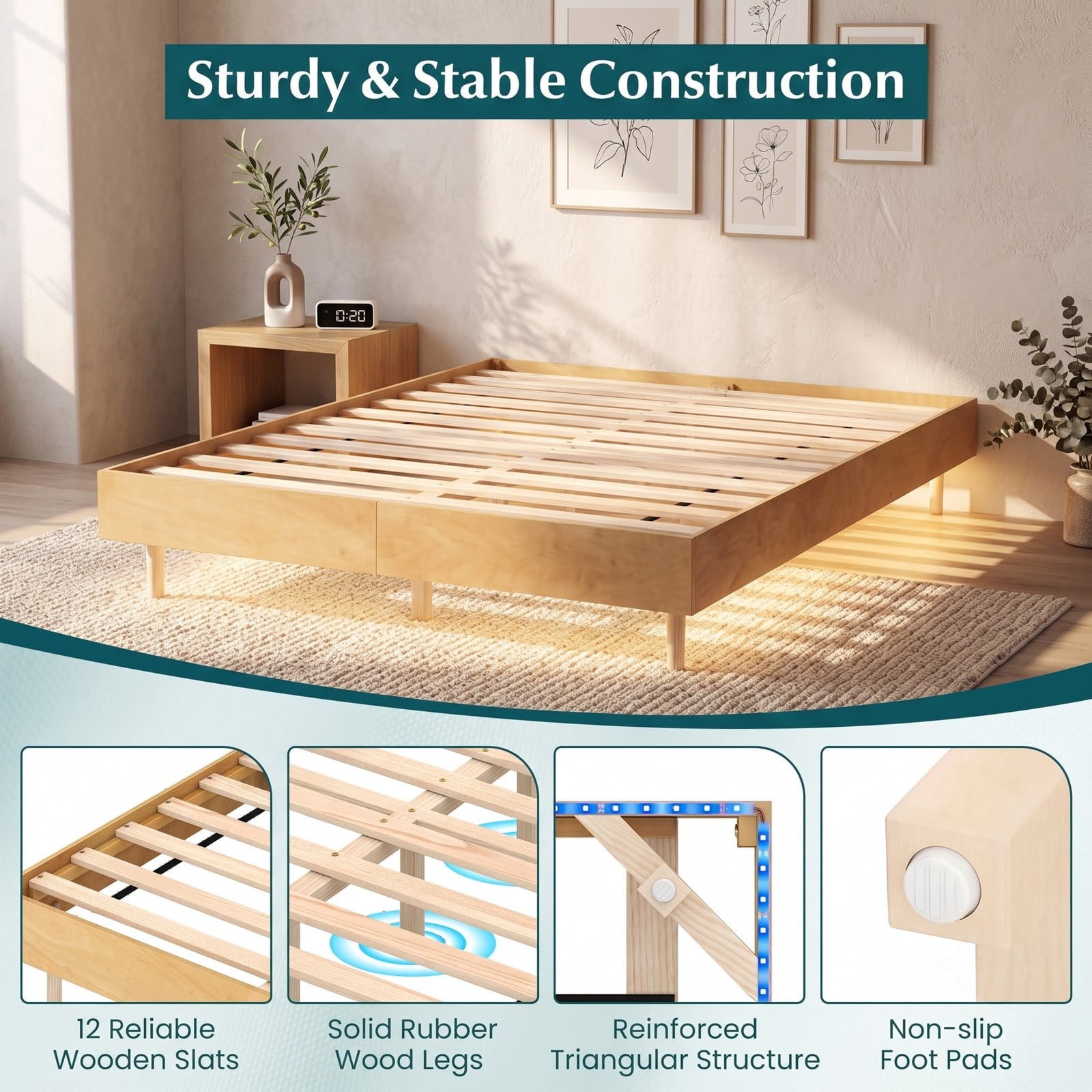 Furnibear Queen Bed Frame Floating Wood Platform Bed with RGB LED Lights and Remote Control, No Box Spring Needed, Natural