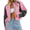 thumbnail image 4 of Womens Faux Leather Bomber Jackets Cropped Zip Up Color Block Fall Casual Moto Biker Coats, 4 of 6